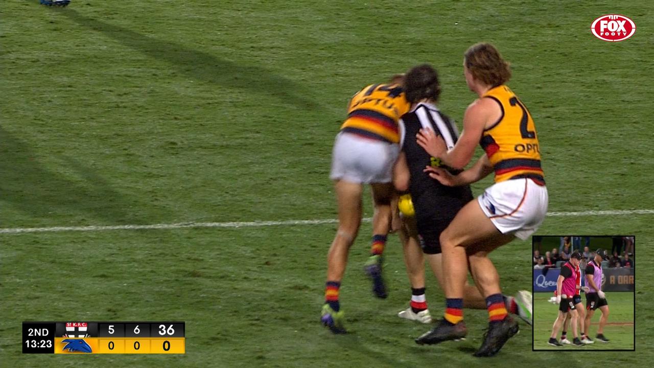 Adelaide’s David Mackay collects Clark in the brutal hit in Cairns. Picture: Fox Sports