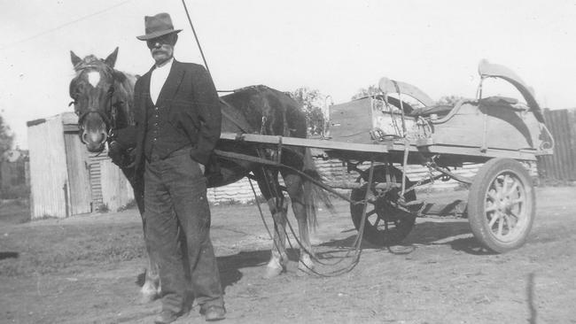 Dunny man Andree Gourlay with his and horse and cart in Broken Hill.