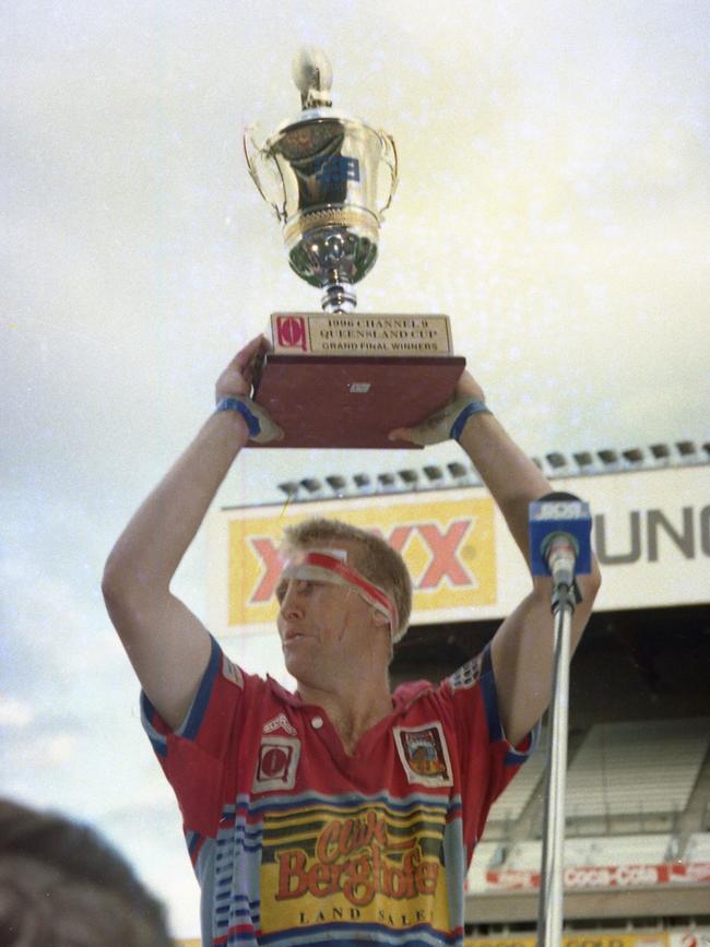 Clydesdales skipper Don Saunders celebrates after his side defeated Redcliffe 8-6 in the in the inaugural Queensland Cup grand final. Picture: Tony Martin