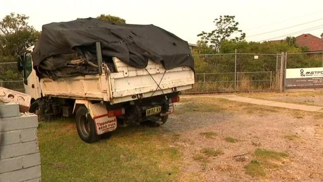 The tipper truck where it came to rest on the Kingsway near a rail tunnel to Cronulla. Picture: 7 News