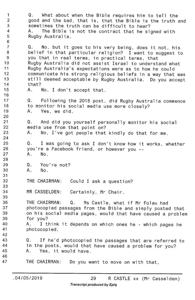 Partial transcript of Raelene Castle’s testimony to Folau’s code of conduct hearing.