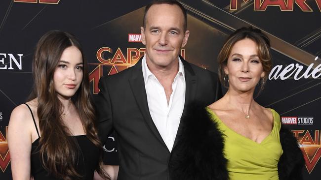 Stella Gregg, Clark Gregg, and Jennifer Grey attend at the LA premiere of Captain Marvel last week. Picture: Getty