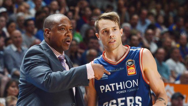 36ers coach Joey Wright with departing star Nathan Sobey. Picture: AAP Image/Brenton Edwards