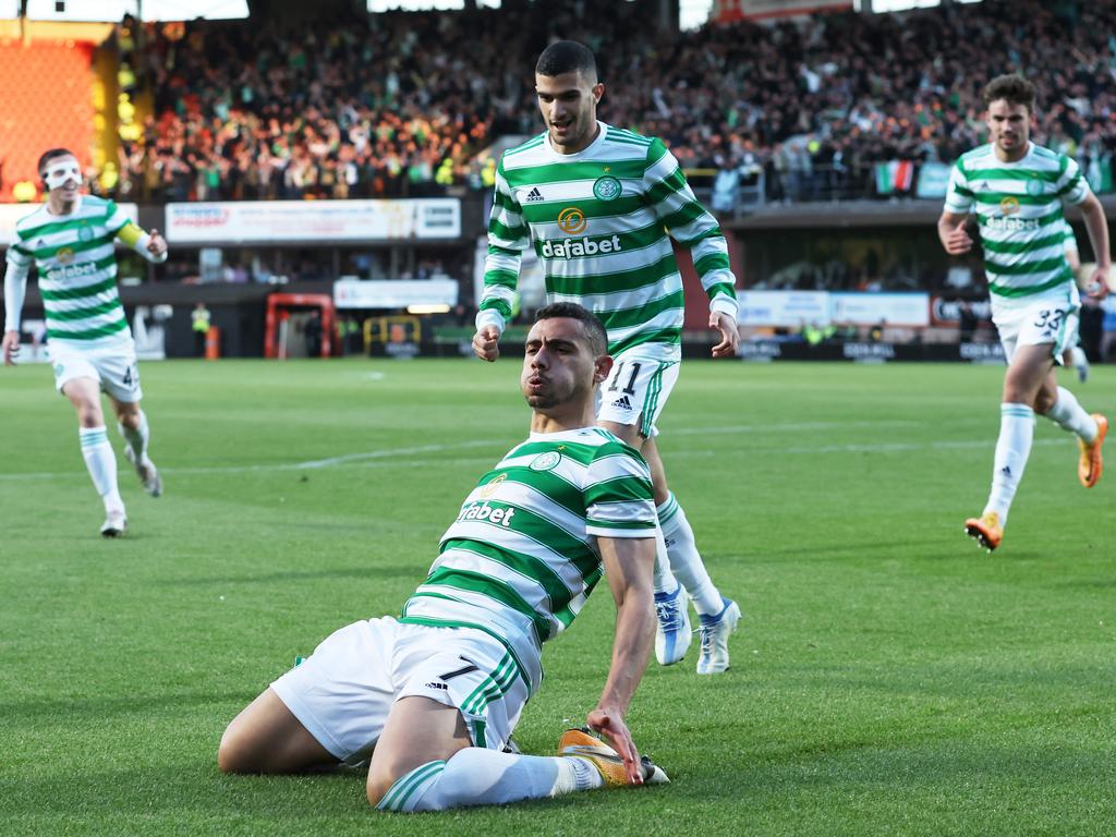 Celtic’s Giorgos Giakoumakis, a proud Greek like his manager, celebrates after scoring his side's lone goal against Dundee United at Tannadice Park. It was enough to seal the title for Ange Postecoglou’s side. Picture: Ian MacNicol/Getty Images