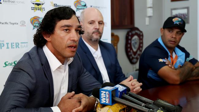 NRL legend Johnathan Thurston and North Queensland Cowboys CEO Jeff Reibel with Northern Pride Coach Ty Williams in Cairns. PICTURE: STEWART McLEAN