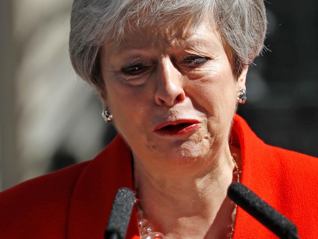 Britain’s Prime Minister Theresa May broke down as she announced her resignation outside 10 Downing Street on Friday morning. Picture: Tolga Akmen / AFP