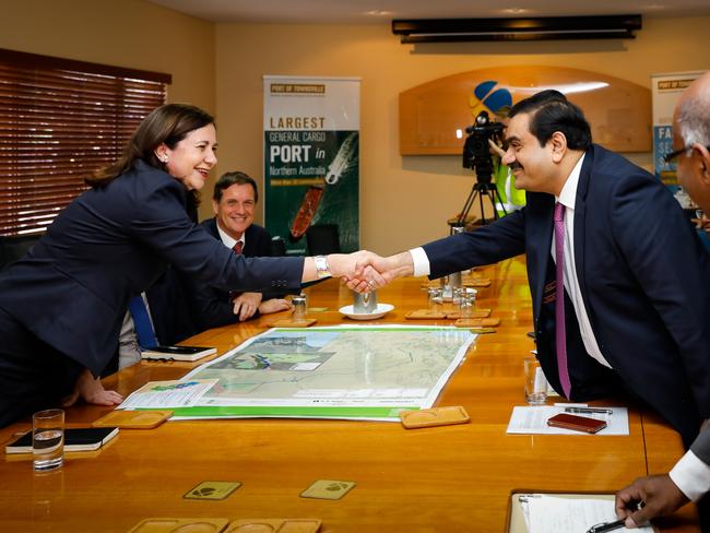 Adani Group chairman Gautam Adani meets with Queensland premier Annastacia Palaszczuk at the Port of Townsville last year. Picture: Cameron Laird/AAP