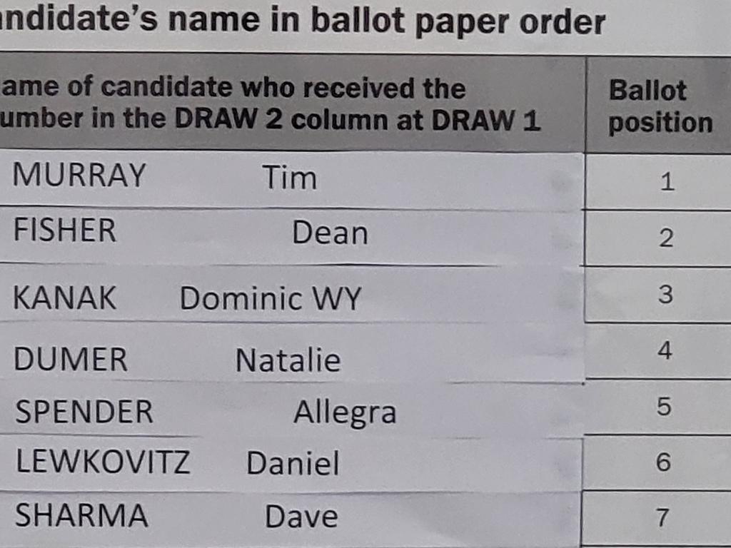 The order of the ballot draw in Wentworth. Picture: Daniel Lewkovitz