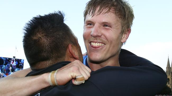 Kory Beard celebrates the back to back grand final win last year. He will be a notable absentee this year. Picture: Sarah Reed