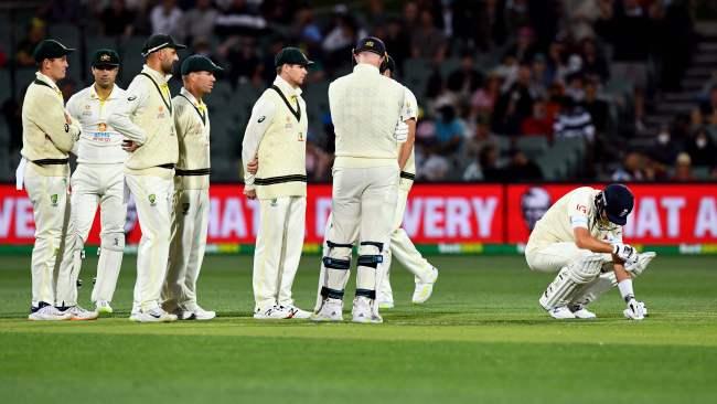 The Australian team looks at England batsman Joe Root (R) after he was struck by a delivery from Australia's Mitchell Starc.