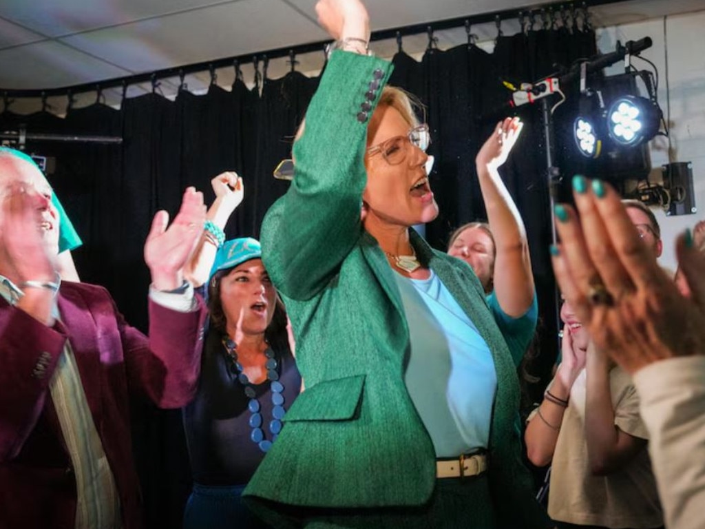 Ms Daniel celebrates with supporters on Saturday night. Picture: ABC