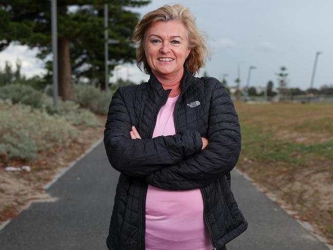 Jodi Grollo (Karen from Brighton) made famous during covid for her walking the streets of Brighton interview on the walking trails near Elwood Beach. Picture: Jason Edwards