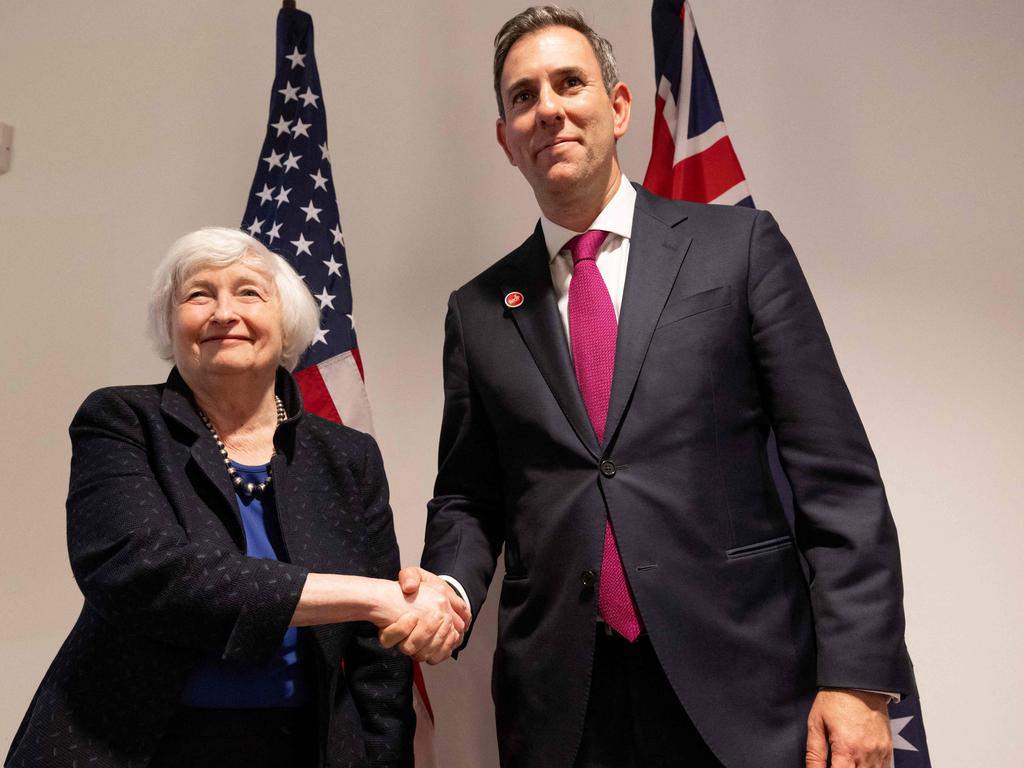 US Treasury Secretary Janet Yellen shakes hands with Treasurer Jim Chalmers at IMF headquarters in Washington DC on October 24, 2024. Picture: Saul Loeb/AFP