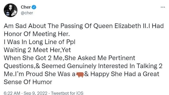 Cher paid tribute to the queen on Twitter late Thursday, recalling her first meeting with the monarch in 1988. Picture: Twitter/Cher