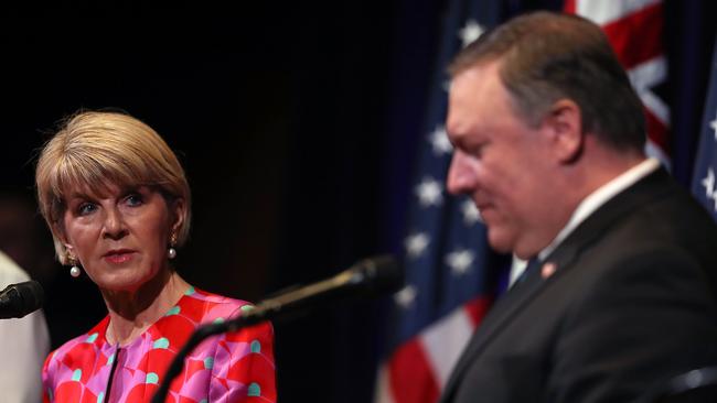 Foreign Minister Julie Bishop with US Secretary of State Mike Pompeo in California this week. Picture: AFP