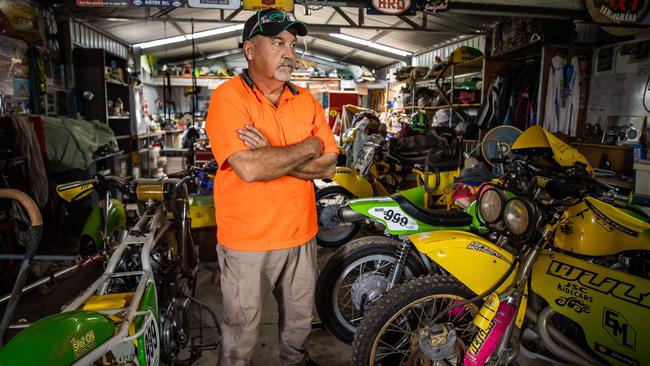 Rocky Warren with his collection of classic motorbikes he needs to move to higher ground. Picture: Tom Huntley