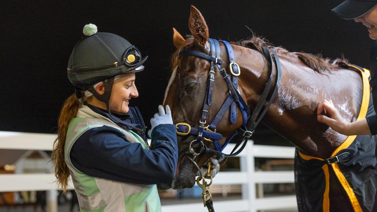 Rochelle Milnes with Phenom at Morphettville trackwork this week. Picture: Makoto Kaneko