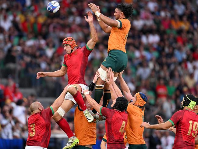 Robert Leota contests a line out for the Wallabies. Picture: Getty Images