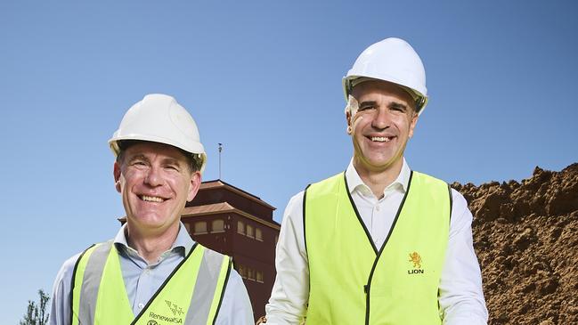 Minister for Housing & Urban Development Nick Champion with the Premier, Peter Malinauskas at the West End Brewery redevelopment site. Picture: Matt Loxton