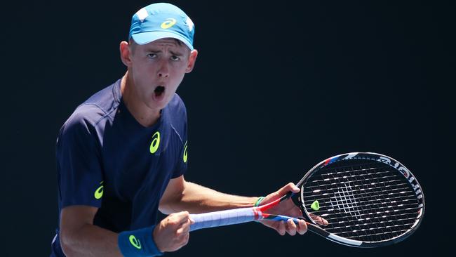 Aussie tennis fans will want to see more of this from teen Alex De Minaur, but he faces a tall order against American Sam Querrey. Picture: George Salpigtidis