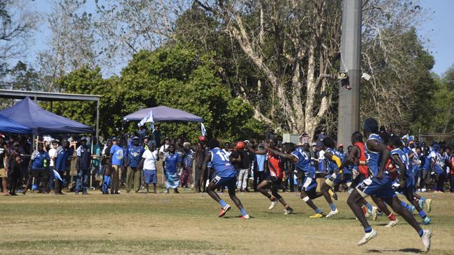 Gerald Pilakui kicks a goal in the last quarter for Thunder to cut the margin to a point in the Tiwi Island Football League grand final. Picture: Max Hatzoglou