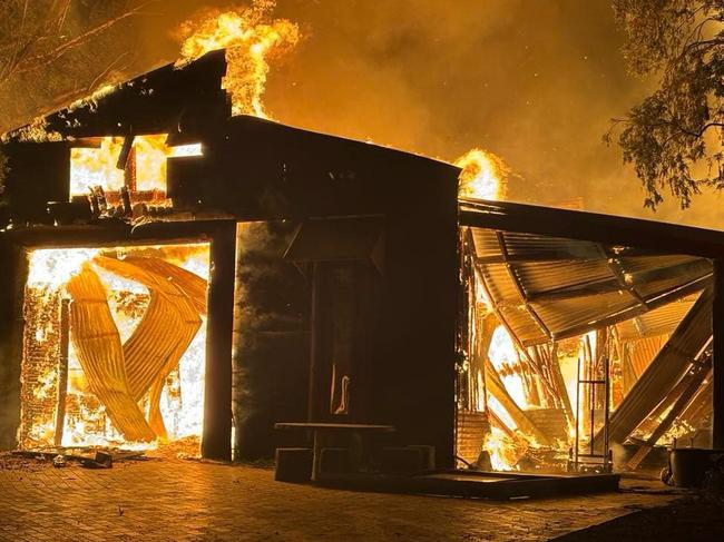 A wild night-time blaze has destroyed horse stables at a popular Yarra Valley equestrian centre, with the club now scrambling to find adequate shelter for its animals. Emergency services were called to a raging fire at the Glenbrae Equestrian Centre stables on Victoria Rd, Wandin North at10.30pm on Tuesday. Picture: Coldstream CFA