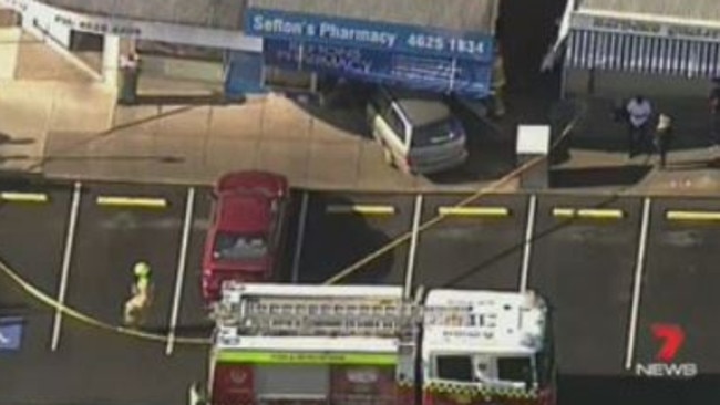 A car slammed into Sefton's Pharmacy in Chamberlain St, Campbelltown. Picture: Twitter 7 News Sydney