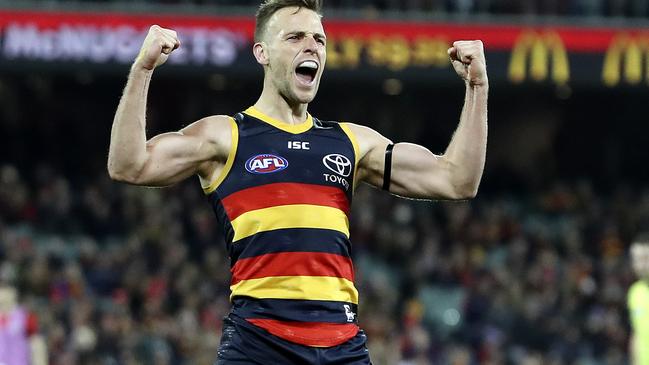 Brodie Smith celebrating a goal the last time the Crows won a game, on August 3 last year. Picture SARAH REED