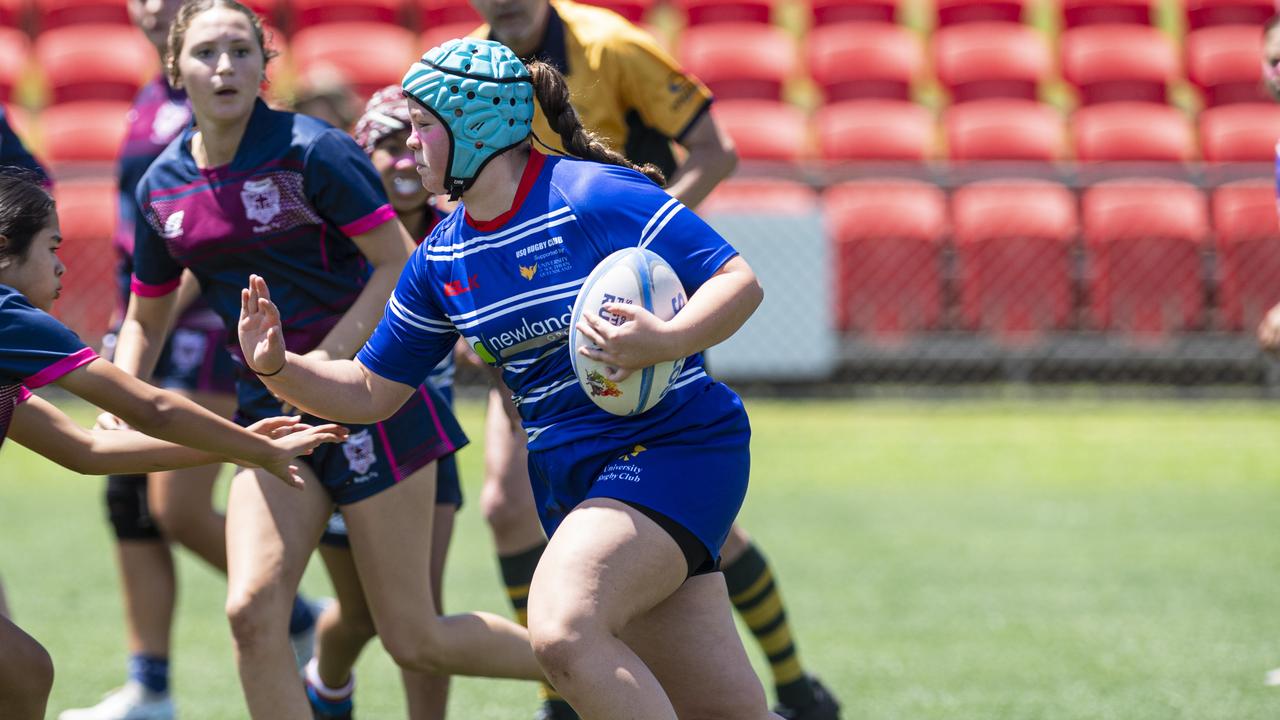 Samantha Cheetam on the way to try for University against Bears in a club game as Downs Rugby host Next Gen 7s at Toowoomba Sports Ground, Saturday, October 12, 2024. Picture: Kevin Farmer