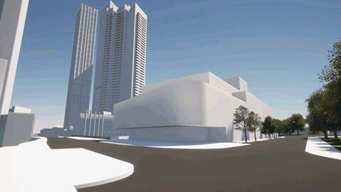 A concept design for the Riverside Theatres looking southeast from the corner of Church and Market streets, Parramatta.