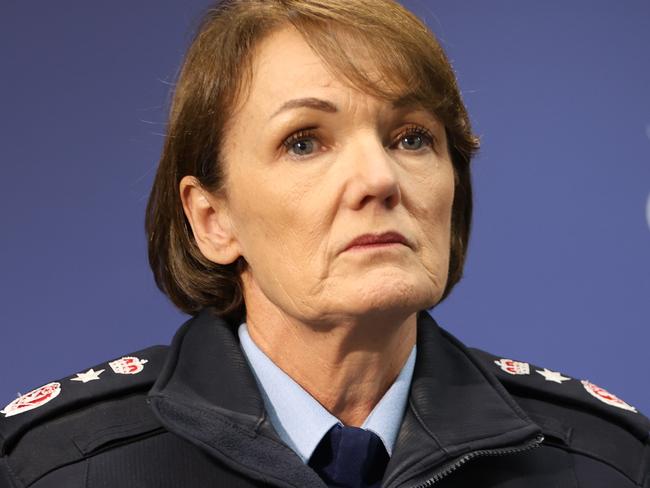 SYDNEY, AUSTRALIA - NewsWire Photos JUNE 13, 2024: Police Commissioner Karen Webb pictured addressing the media after two police officers were charged with the assault of a 92-year-old man during an incident in south-west Sydney earlier this year.Picture: NewsWire / Damian Shaw