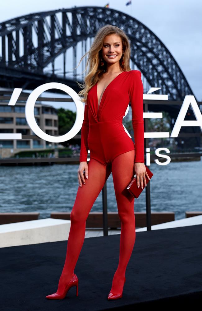 Former Miss Universe Australia Moraya Wilson turned heads in a sheer red catsuit. Picture: Brendon Thorne/Getty Images