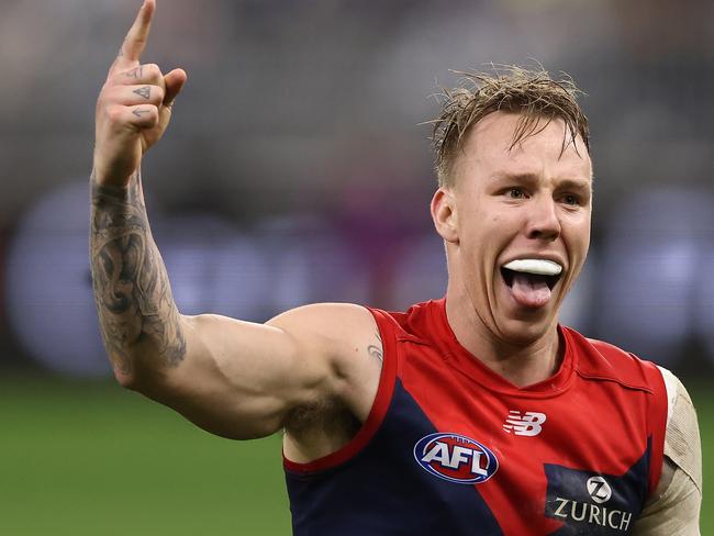 PERTH, AUSTRALIA - AUGUST 09: James Harmes of the Demons celebrates a goal during the round 21 AFL match between West Coast Eagles and Melbourne Demons at Optus Stadium on August 09, 2021 in Perth, Australia. (Photo by Paul Kane/Getty Images)