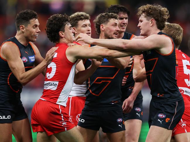 Tom Green (right) was up for the fight against the Swans. Picture: Matt King/AFL Photos/via Getty Images