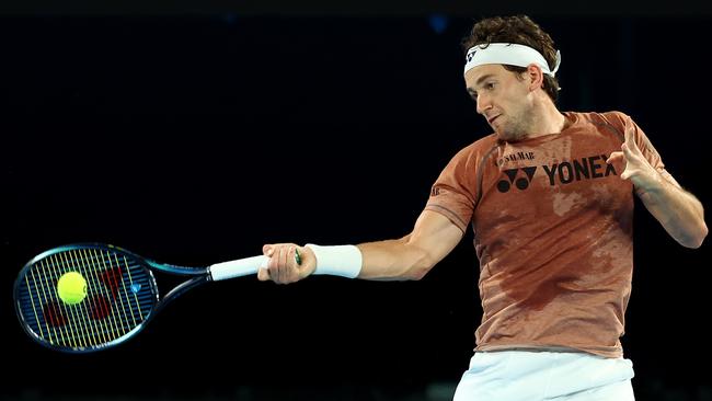 Casper Ruud of Norway plays a forehand during a public training session ahead of the 2024 Australian Open at Melbourne Park. Picture: Graham Denholm/Getty Images