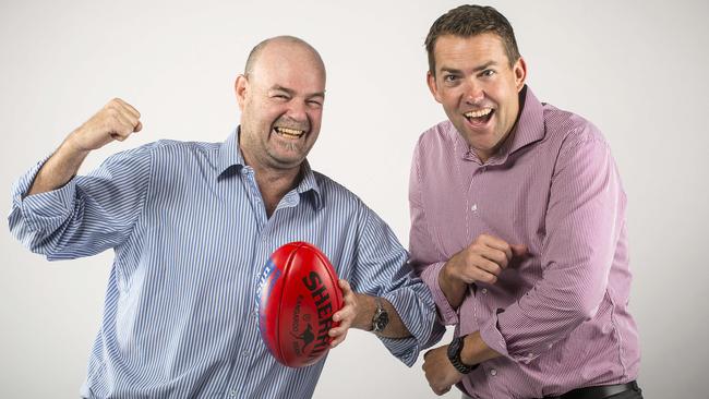 Mark Robinson and Jon Ralph get into the SuperCoach spirit. Picture: Eugene Hyland