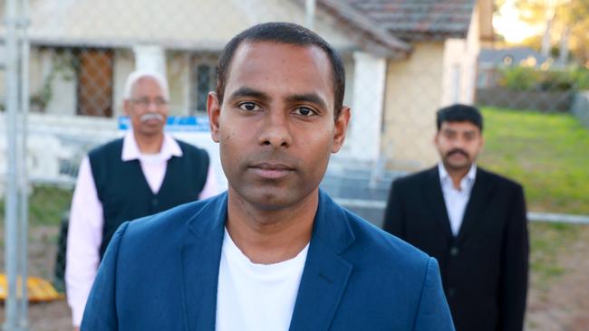 Arun Bhuta, Satya Maddi and Srinivas Sunki in front of the proposed boarding house: Picture: Angelo Velardo