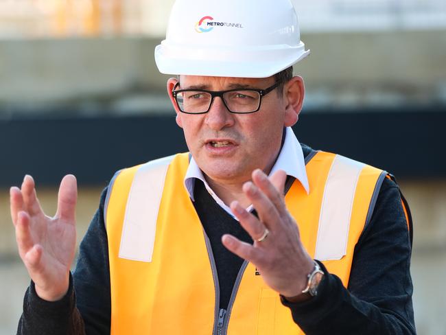 MELBOURNE, AUSTRALIA - JUNE 28: Premier of Victoria Daniel Andrews makes a gesture as he speaks to the media during a press conference on June 28, 2021 in Melbourne, Australia. Victorian Premier Daniel Andrews returned to work on Monday, after spending months recovering from a back injury after falling downstairs at his holiday home in March. (Photo by Asanka Ratnayake/Getty Images)