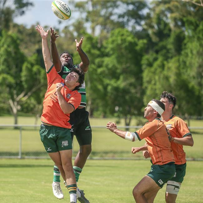 Jakeb Riori and Daniel Mallum contest as Surfers Paradise Dolphins host Queensland Premier Rugby club Sunnybank at Broadbeach Waters. Picture:Glenn Campbell