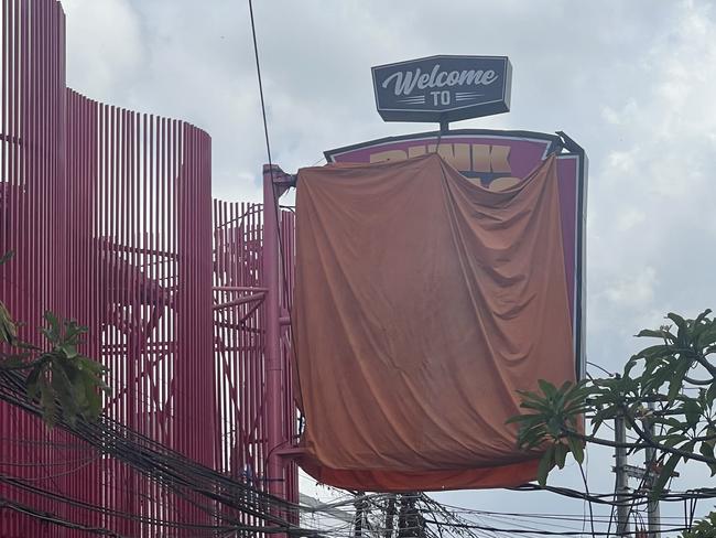 Outside the Pink Palace Spa in Bali, where signs have been covered up. Picture: Supplied