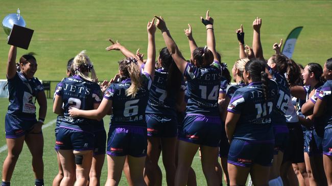 Ipswich SHS celebrate winning the 2024 Schoolgirls state rugby league grand final against St Mary's Cathedral College. Picture: Eddie Franklin