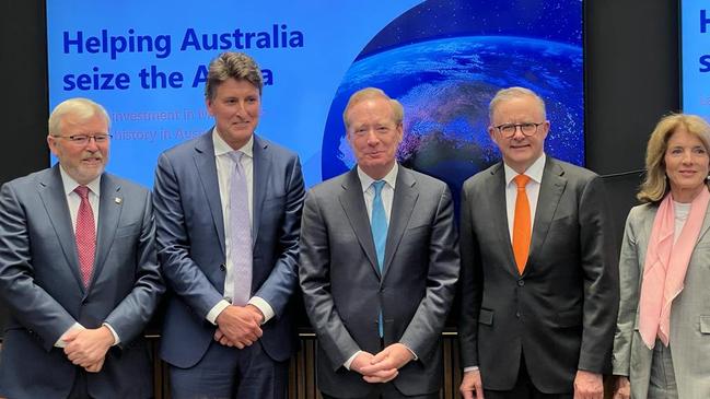 Kevin Rudd, Microsoft Australia-NZ managing director Steven Worrall, Microsoft president Brad Smith, Prime Minister Anthony Albanese and Caroline Kennedy. Picture: Geoff Chambers