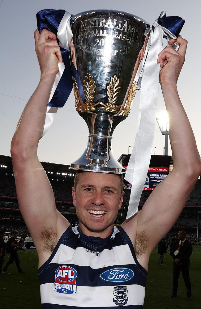 Mitch Duncan celebrates Geelong’s 2022 flag. Picture: Michael Klein