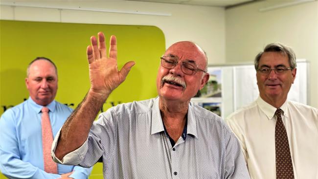 Deputy Prime Minister Barnaby Joyce, Leichhardt MP Warren Entsch and CQUniversity chancellor John Abbott announce a $50m Coalition election pledge to build a new Cairns CBD campus. Picture: Chris Calcino