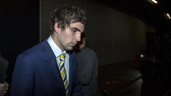 A devastated Andrew Gaff leaves the AFL Tribunal after being suspended for eight  matches.