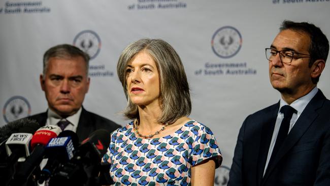 SA Minister for Health Stephen Wade, Chief Public Health Officer Associate Professor Nicola Spurrier and Premier South of Australia Steven Marshall on Saturday. Picture: AAP Image/ Morgan Sette