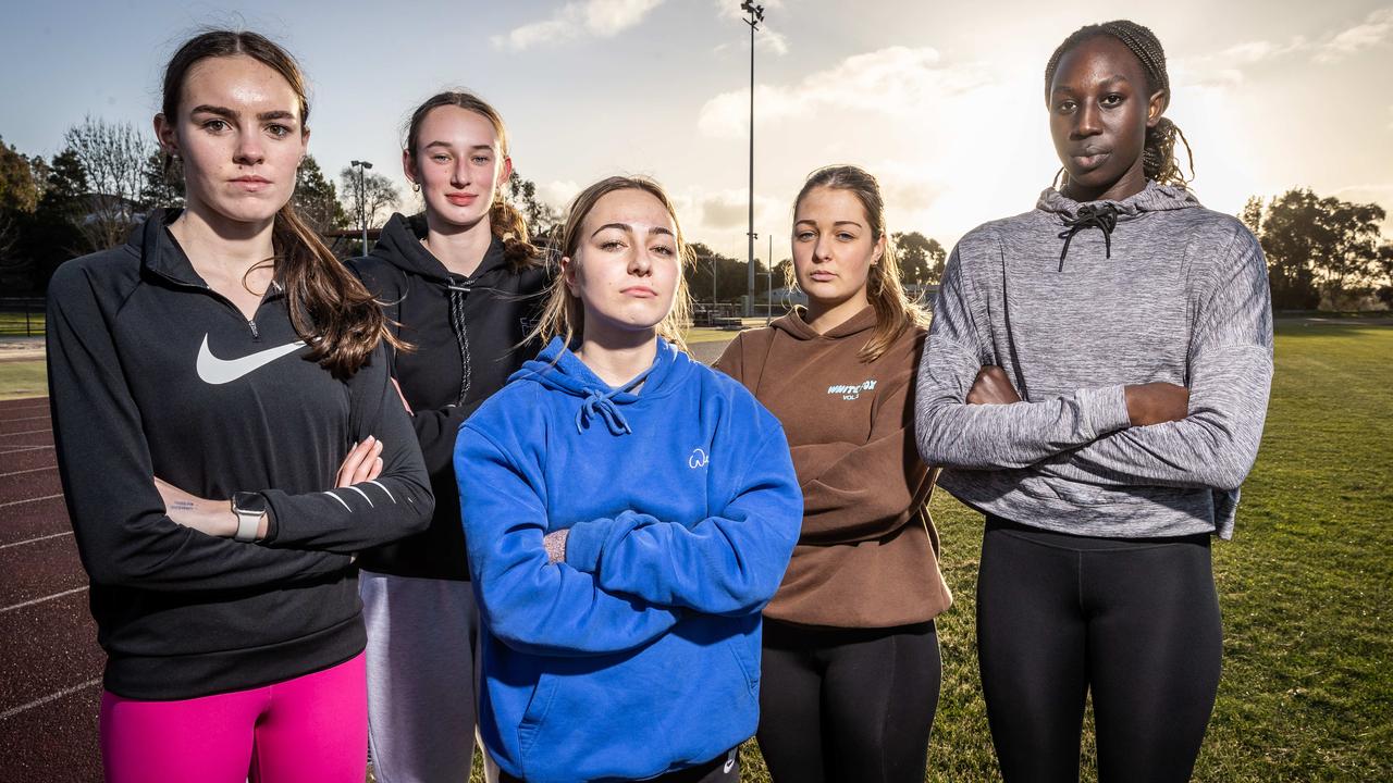Ballarat athletes are disappointed that the “regional” Commonwealth Games have been cancelled. Pictured from left is Molly Fraser, 17, Mackayla Culbenor, 15, Armani Anderson, 16, Bridie Orchard, 15 and Nyajima Jock, 20. Picture: Jake Nowakowski