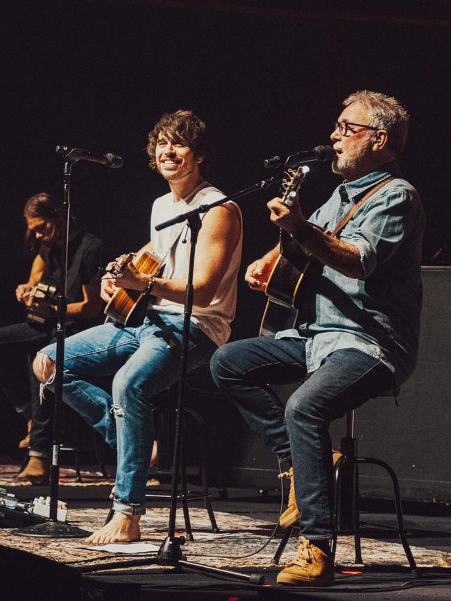 Morgan Evans (left) performing with John Williamson at the Sydney Opera House on Tuesday, September 12, 2023. Picture: Chady Awad