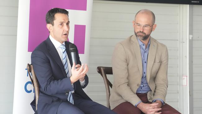 Queensland Opposition Leader David Crisafulli, with Toowoomba South MP David Janetzki, speaks at the Toowoomba Chamber of Commerce's business breakfast at Clifford Park, June 27, 2024.