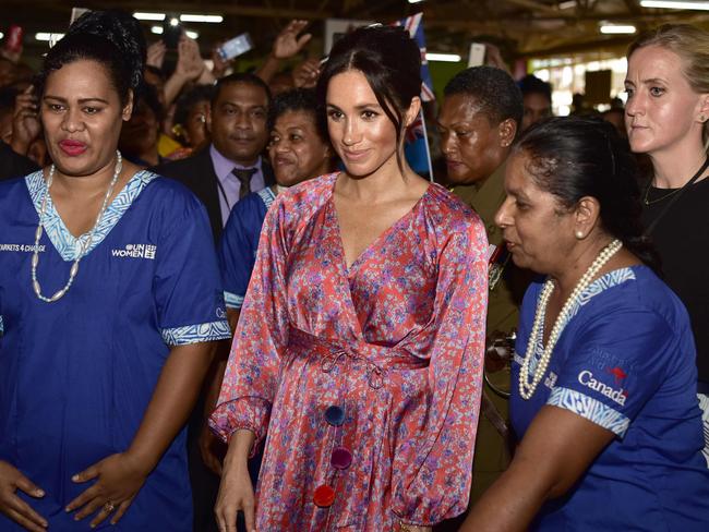 Meghan Markle had a security scare at a Fijian market yesterday. Picture: Fijian Government/AFP